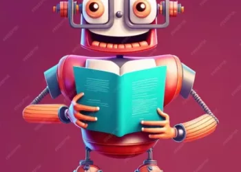 machine-learning-concept-funny-robot-wearing-glasses-holding-book-standing-dark-red-background-3d-illustration_124717-1761