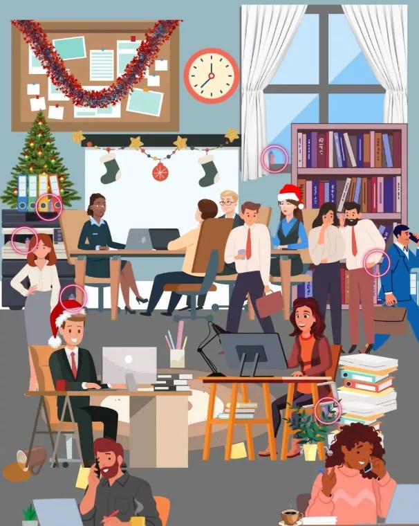 Spot 6 Gifts Hidden By Santa In The Office Picture Brain Teaser